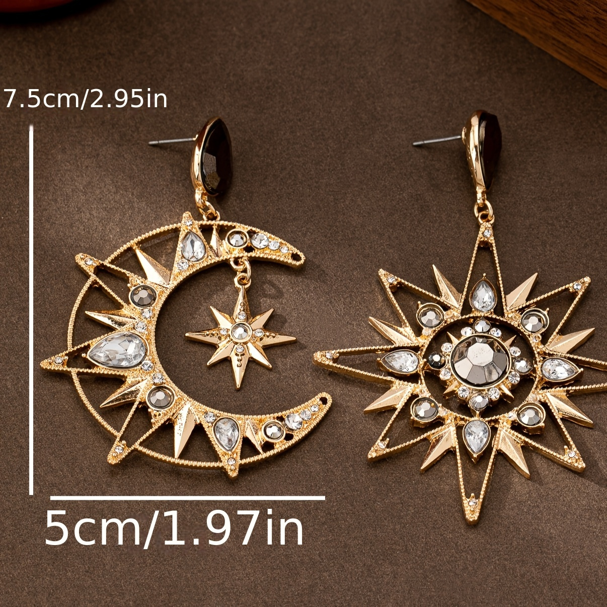 Boho Sun & Moon Dangle Earrings with Rhinestones Golden Tone